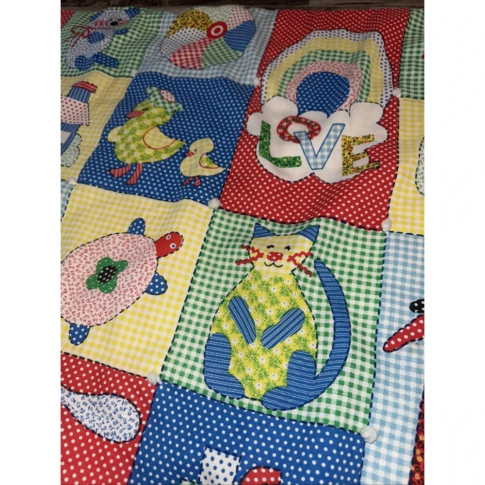 Vintage 70's Baby Child Quilt Blanket Primary Colors Train Kitten Ducks Turtle